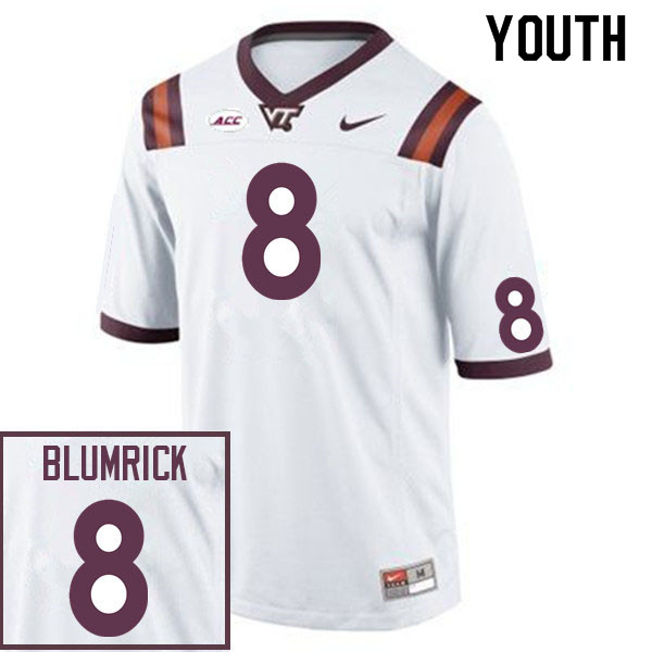 Youth #8 Connor Blumrick Virginia Tech Hokies College Football Jerseys Sale-White - Click Image to Close